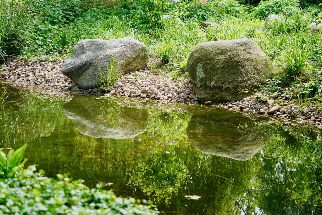 Zwei Felsen mit Spiegelung im Wasser